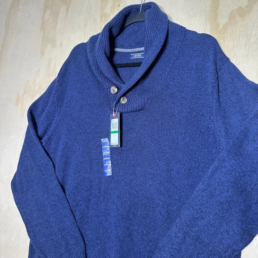 NWT Izod‎ Men’s Knit Shawl Neck Pullover Sweater Size Large Navy Blue Cotton